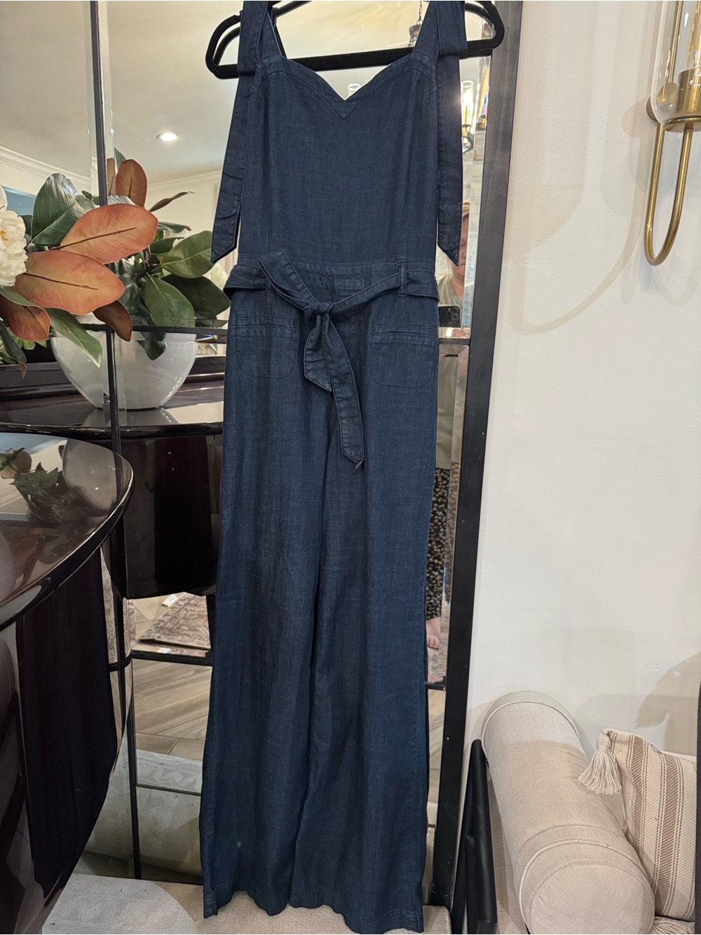 Kardashian Kollection Dark Blue Denim Wide-Leg Jumpsuit with Tie